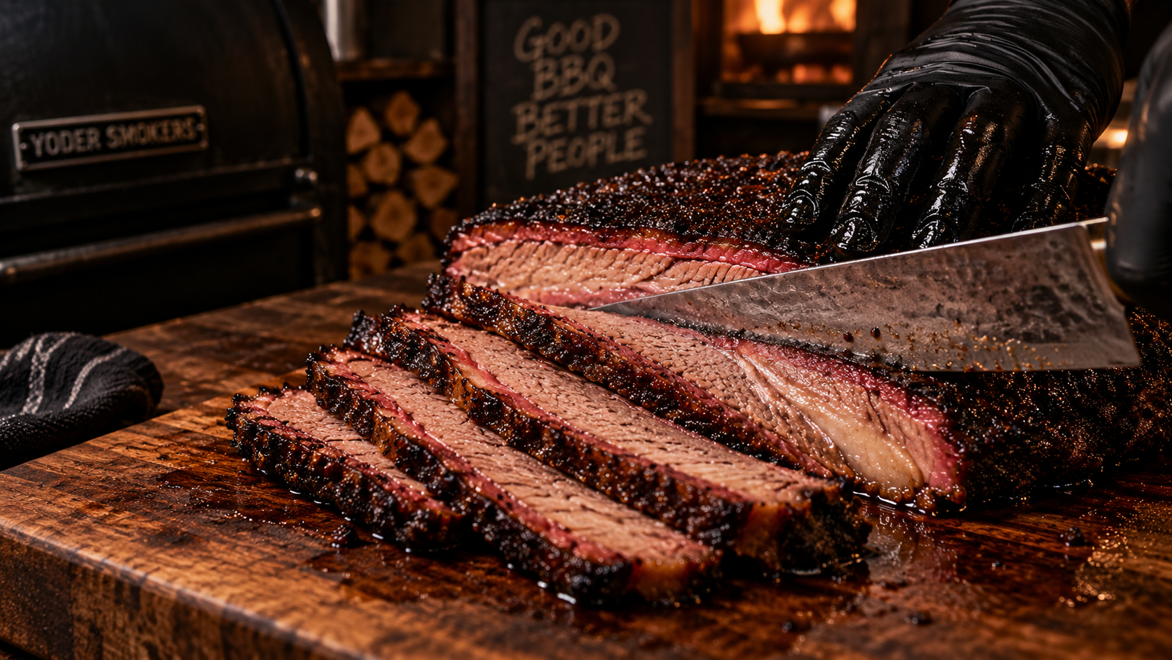 Slicing smoked brisket against the grain into even slices