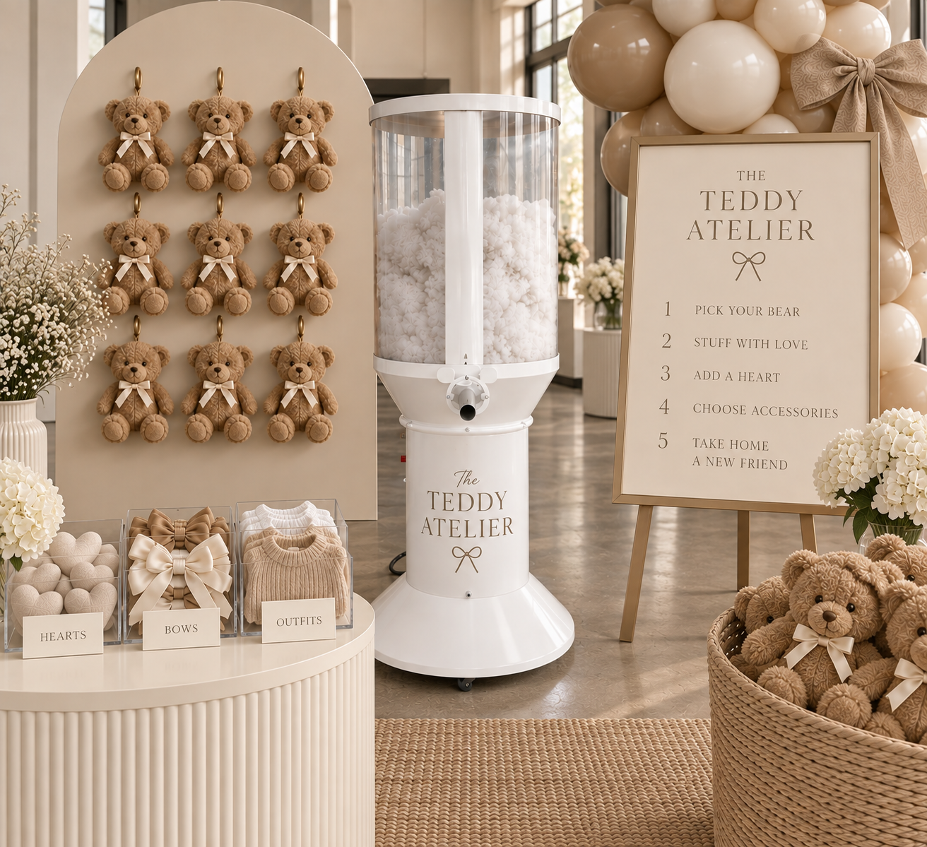 Decorative display of teddy bears, plush toys, and baby clothing with a sign titled 'The Teddy Atelier' listing steps to make a teddy bear, in a bright room with flowers and a cotton candy machine.