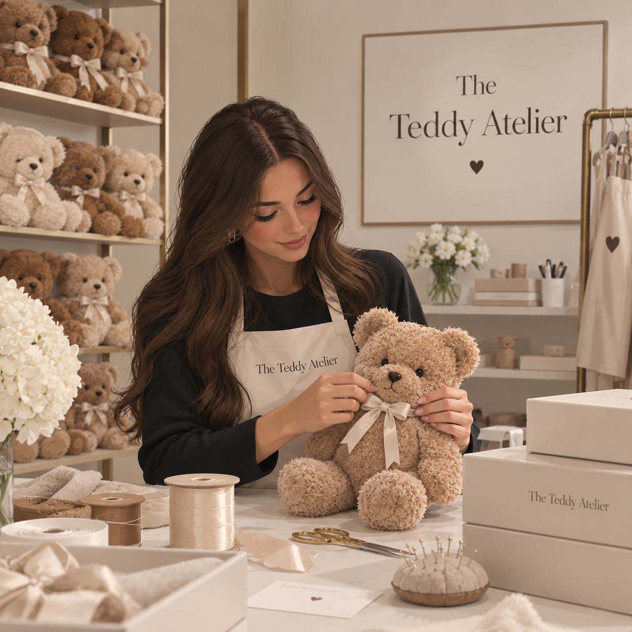 A woman is making a teddy bear at The Teddy Atelier, surrounded by stuffed bears and craft supplies in a cozy, well-lit workshop.