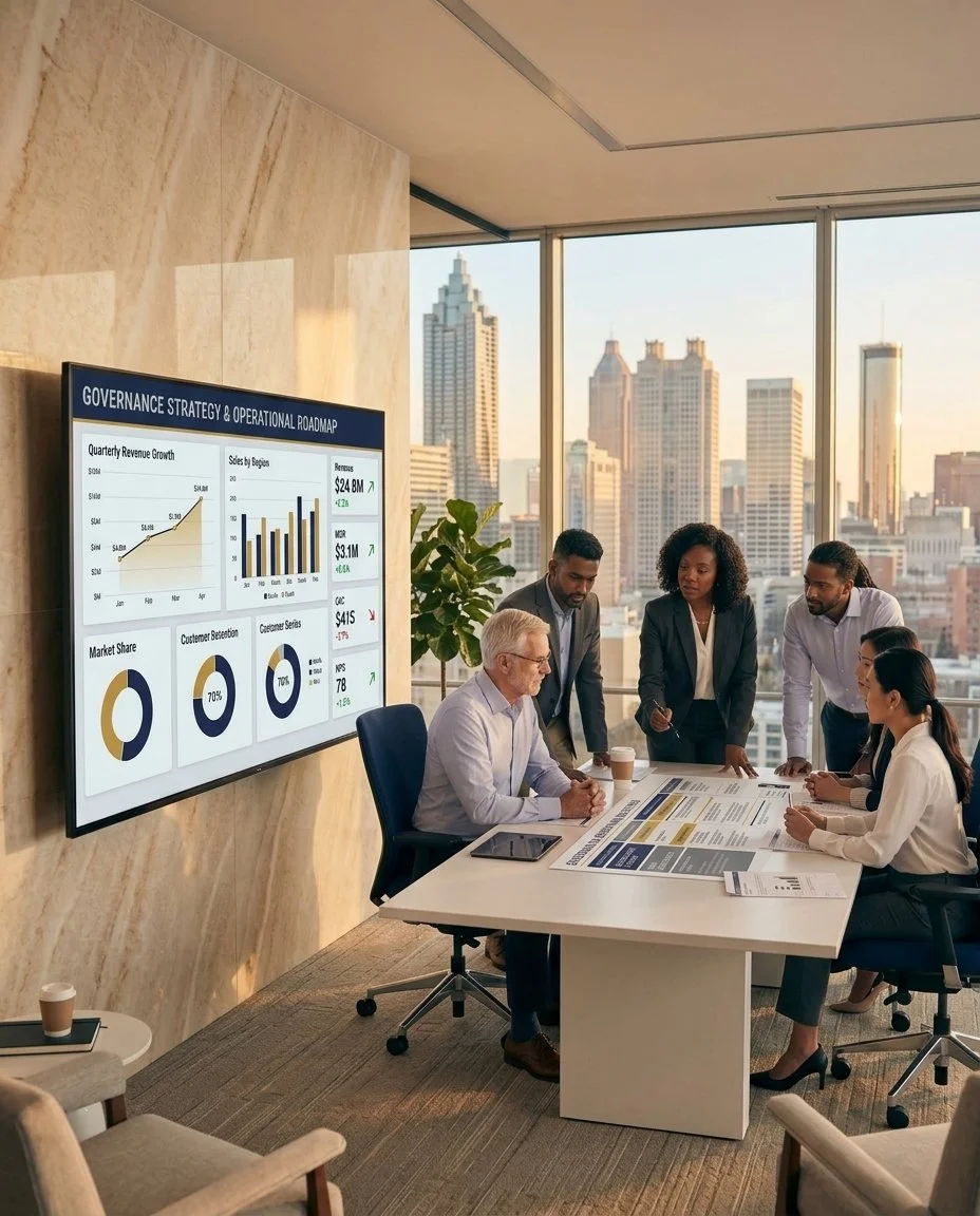 Executive meeting in a boardroom with skyline views reviewing strategic plans.