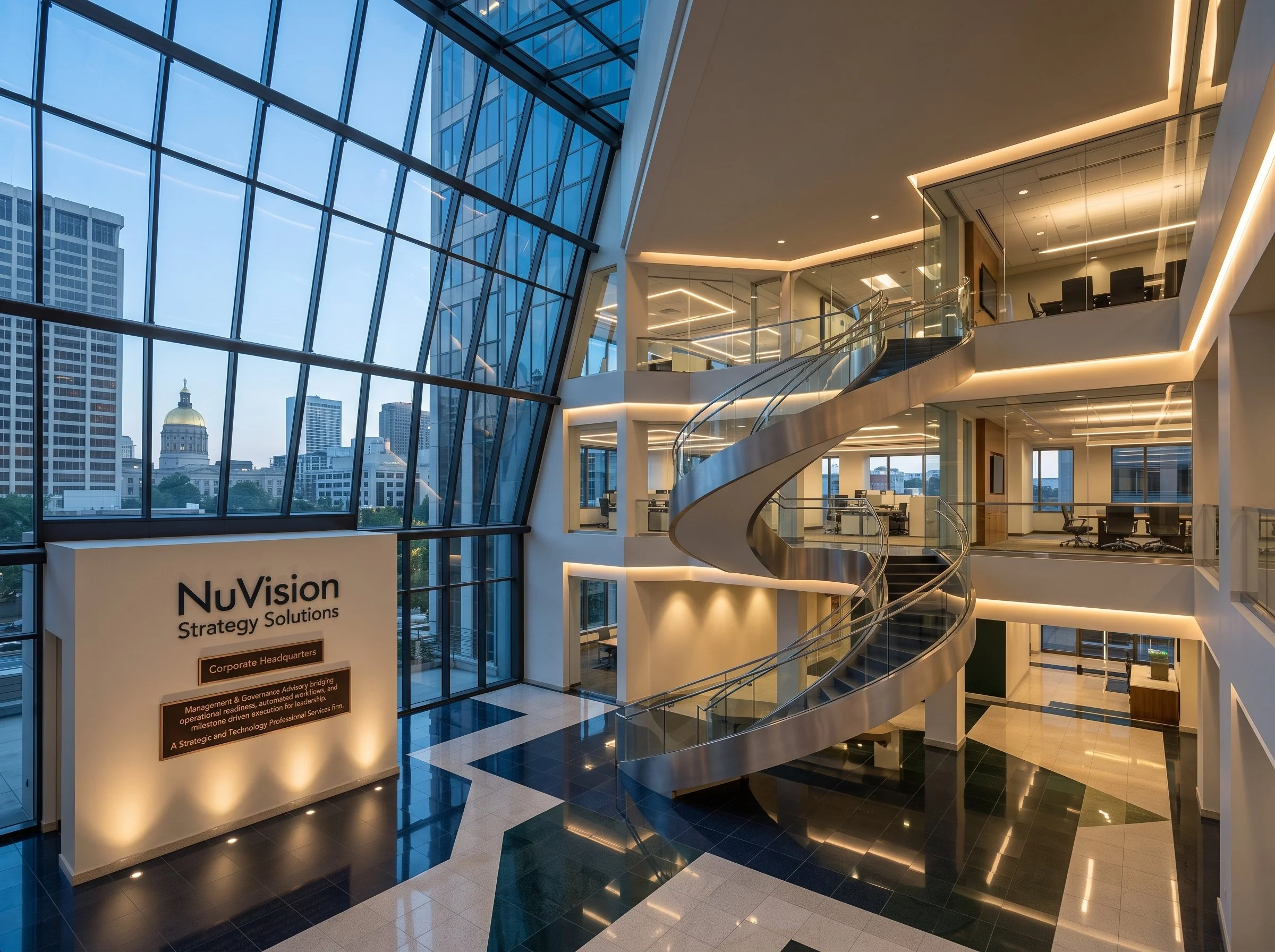Modern corporate office space with large glass windows, a spiral staircase, and interior lighting.