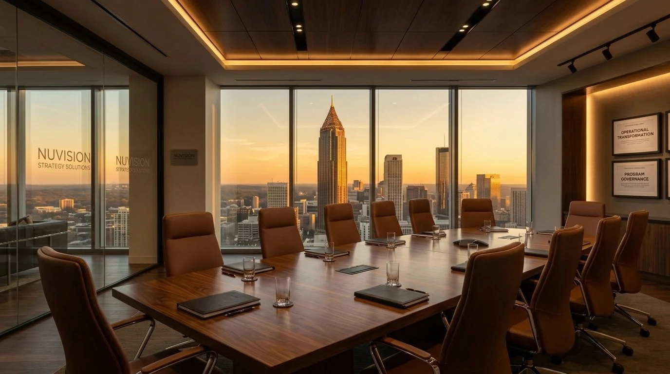 Executive boardroom table with leather seating overlooking the Atlanta skyline at sunset.