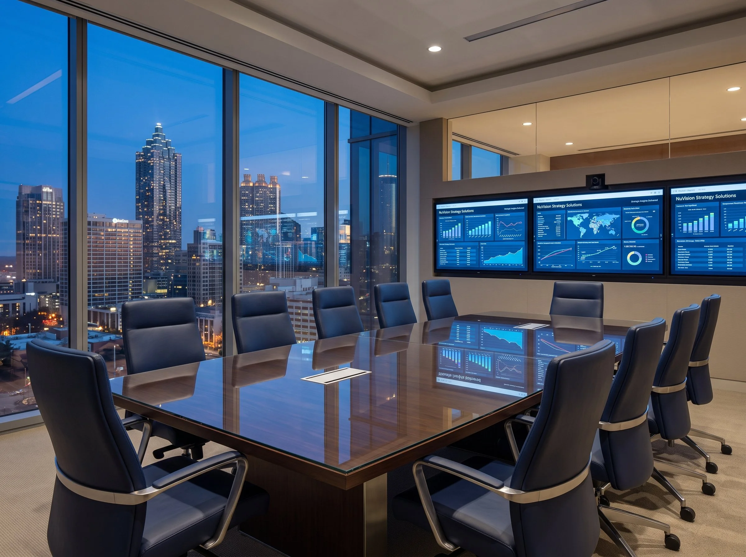 Modern conference room with a long wooden table, black leather chairs, and large windows showing a city skyline at night. Multiple monitors on the wall display data and graphs.