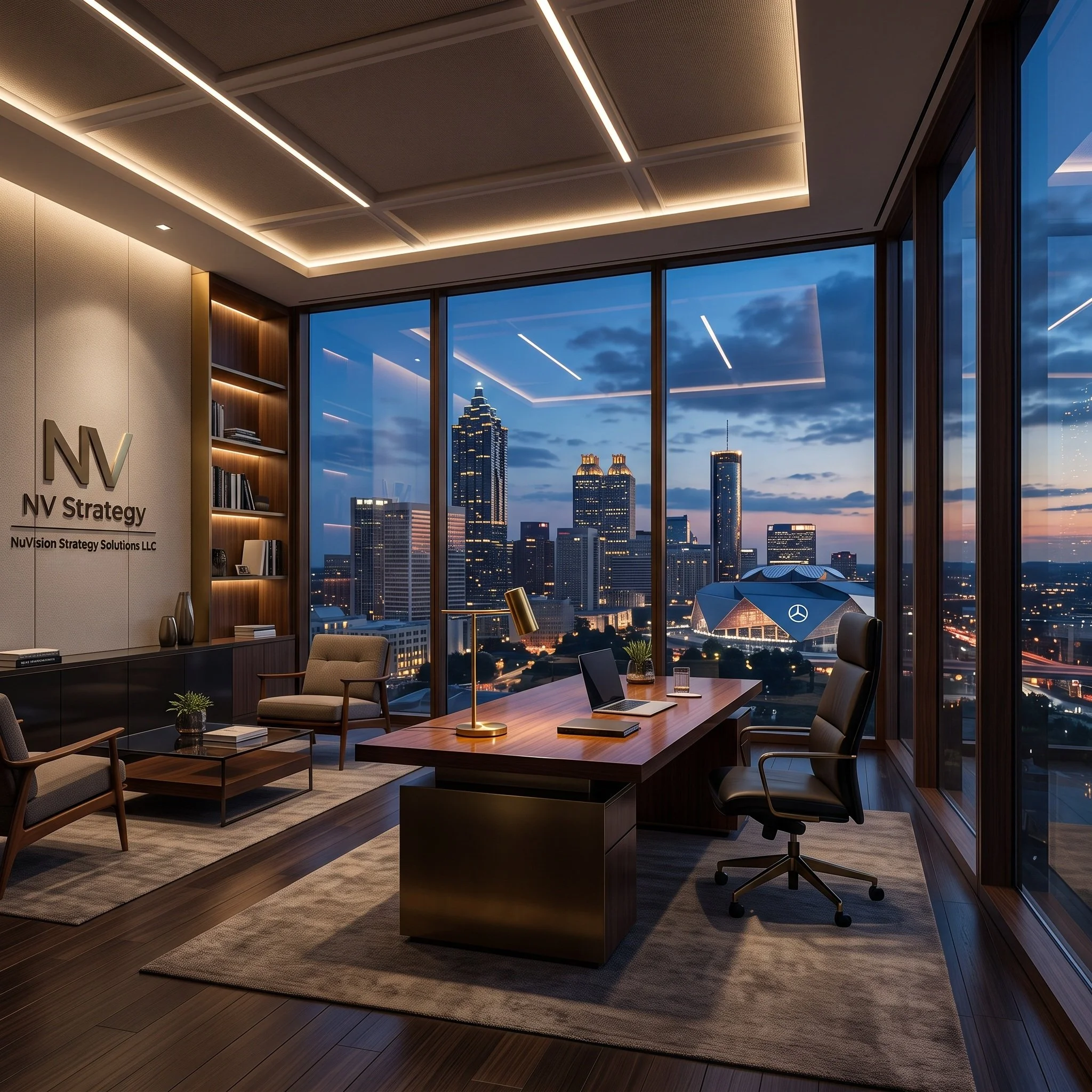 Executive corner office with desk overlooking Atlanta skyline and Mercedes-Benz Stadium at twilight.