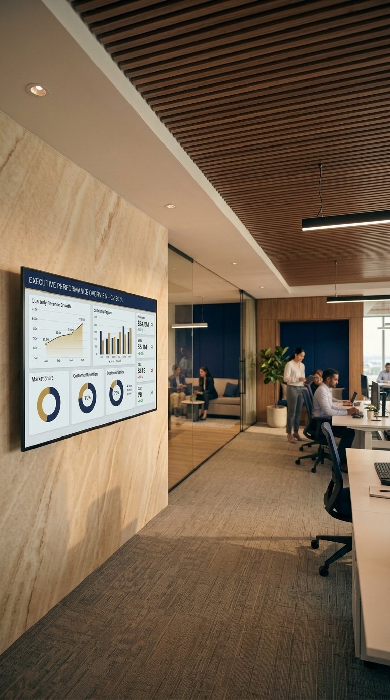 Modern office corridor with large wall-mounted analytics and performance dashboard.