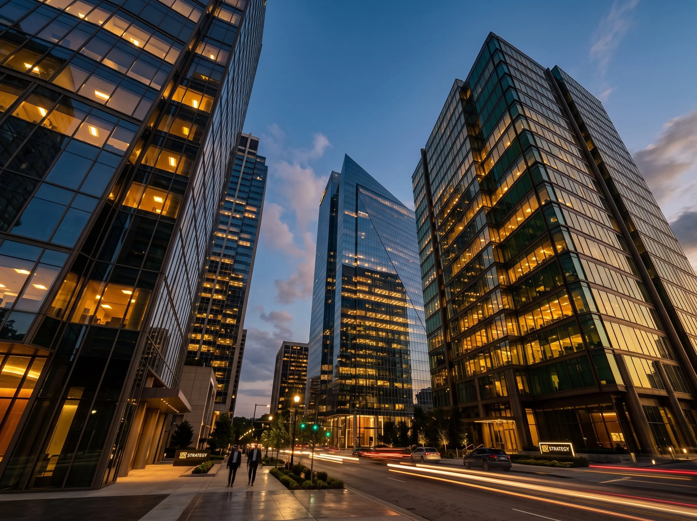 Tall modern glass office buildings illuminated with lights at dusk, with a busy street at the bottom showing streaks of car lights from long exposure, and a clear sky overhead.