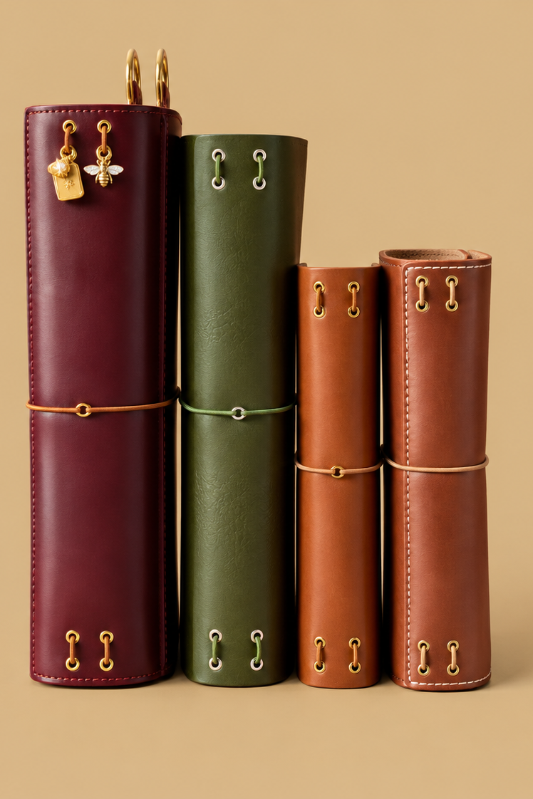 Four rolled leather planners or journals in red, green, orange, and brown, each bound with a string, with gold hooks and charms attached to the red planner, set against a beige background.