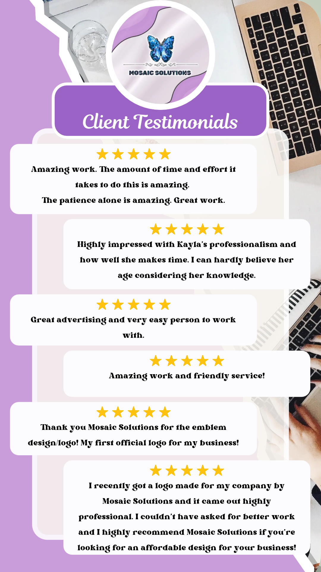 Client testimonials for Mosaic Solutions displayed on a purple and white background. The testimonials include five-star ratings and positive comments about their work, professionalism, and logo design services.