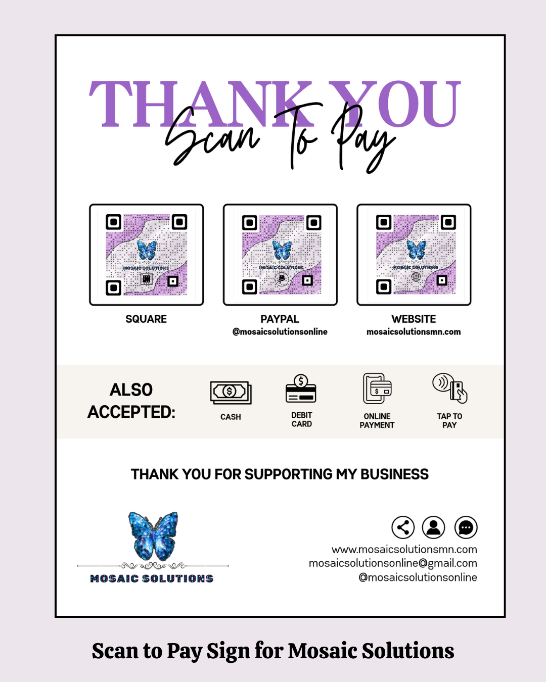 Scan-to-Pay Sign for Mosaic Solutions