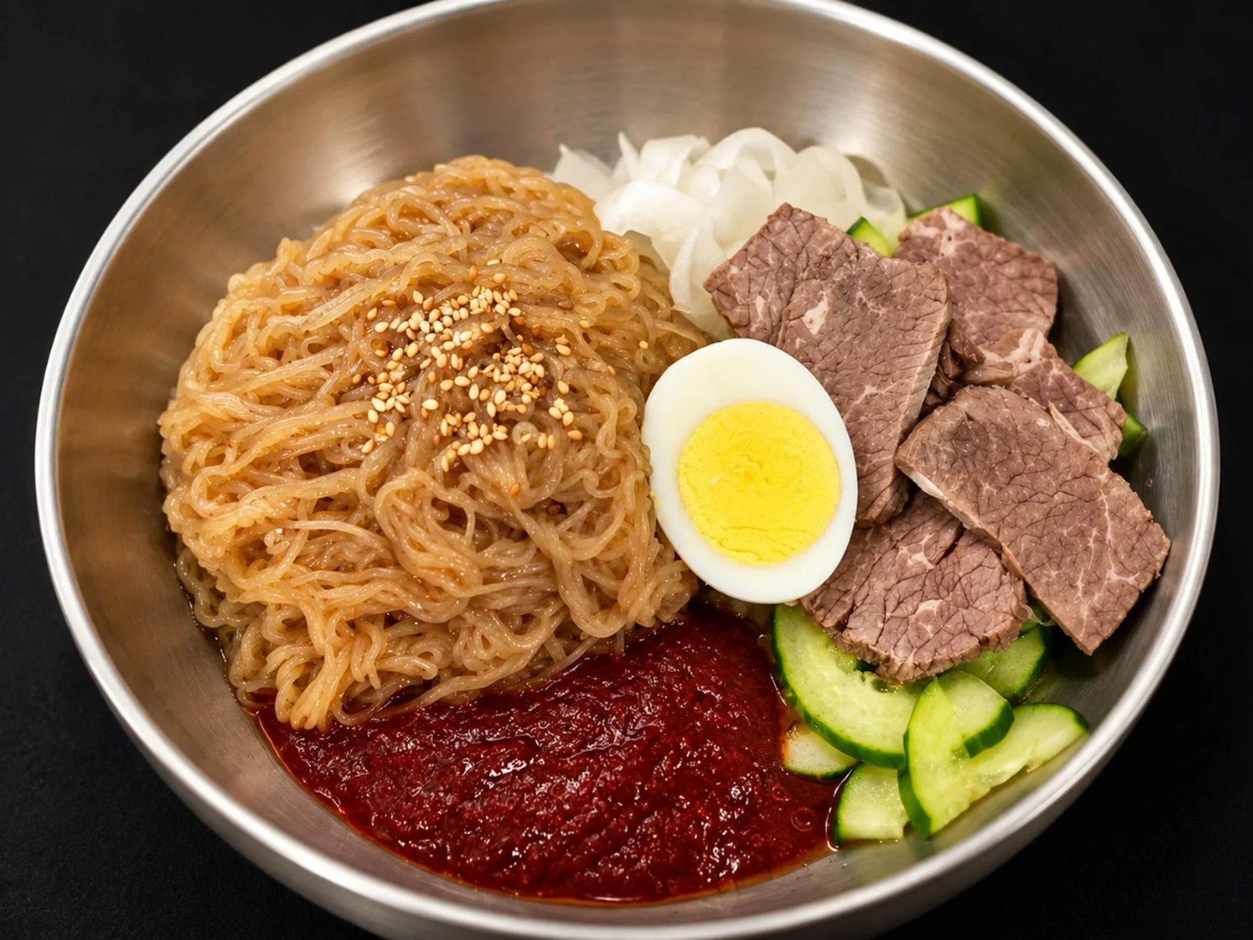 A metal bowl containing cooked ramen noodles with sesame seeds, sliced boiled egg, sliced beef, sliced cucumber, shredded onion, and a side of spicy red sauce or paste.