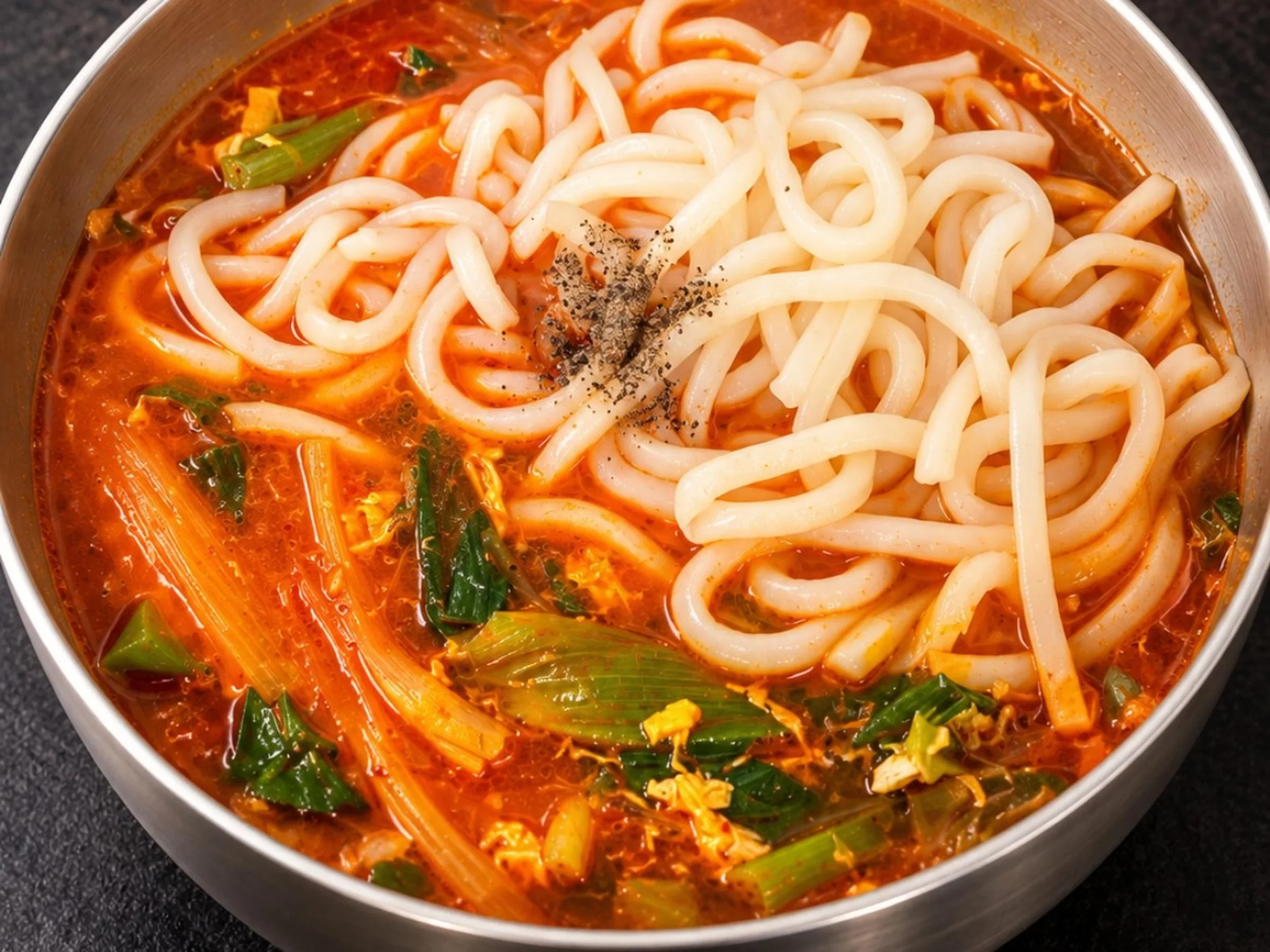 A bowl of spicy noodle soup with udon noodles, green onions, vegetables, and black pepper on top.