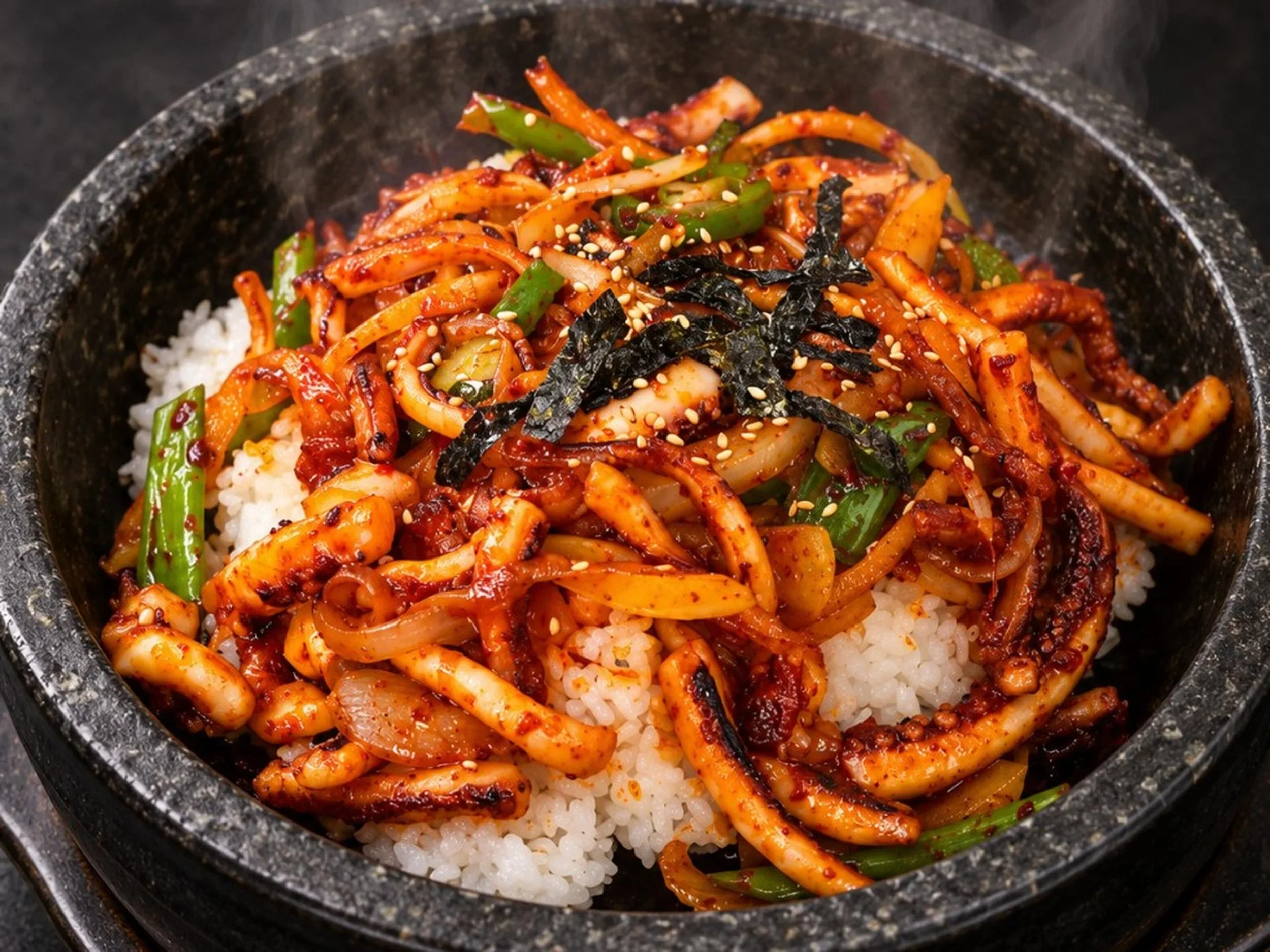 A bowl of Korean bibimbap with rice, stir-fried vegetables, sliced squid, seaweed strips, sesame seeds, and spicy sauce.