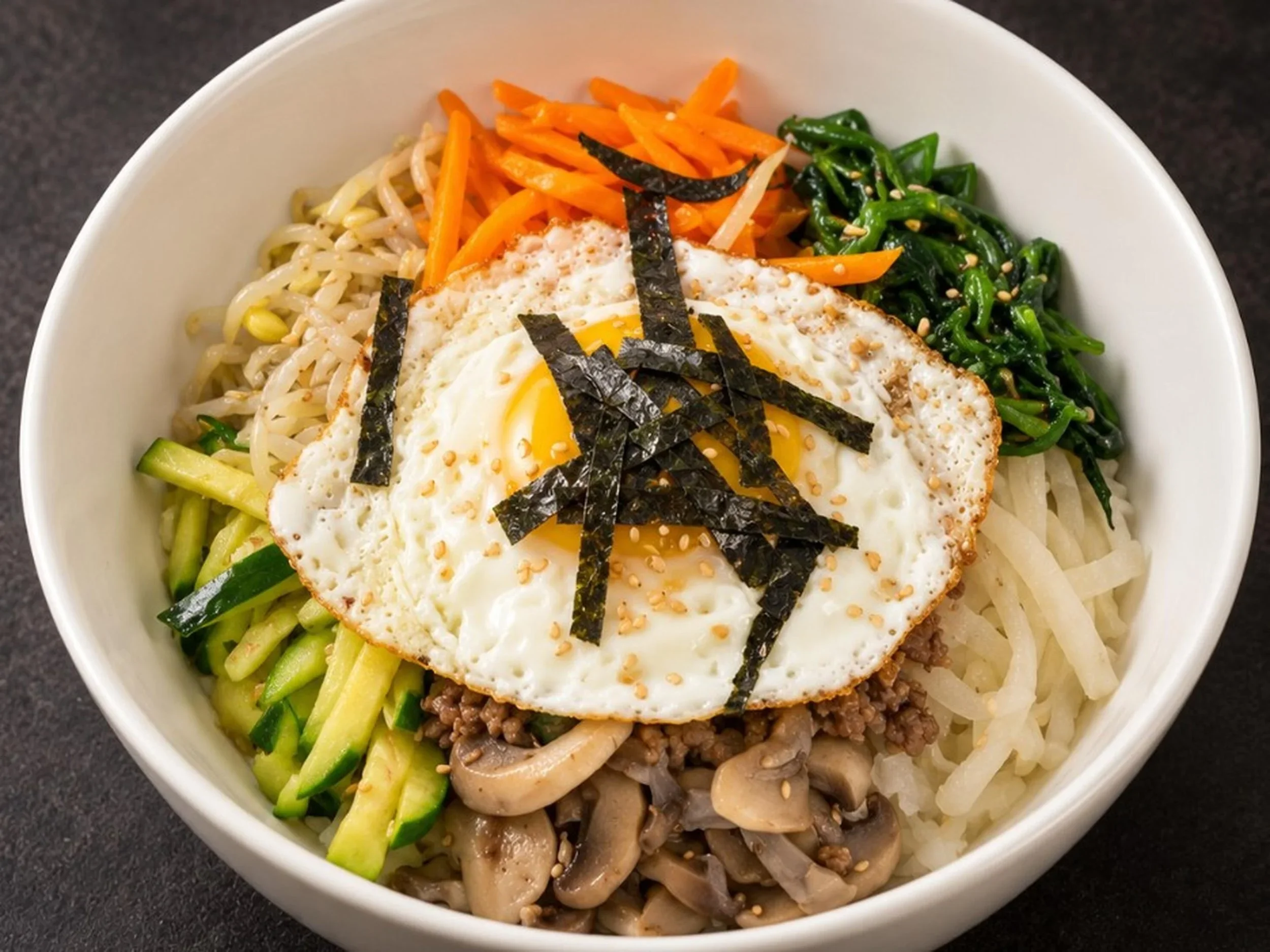 A bowl of Korean bibimbap with mixed vegetables, a fried egg on top, shredded seaweed, and sesame seeds.