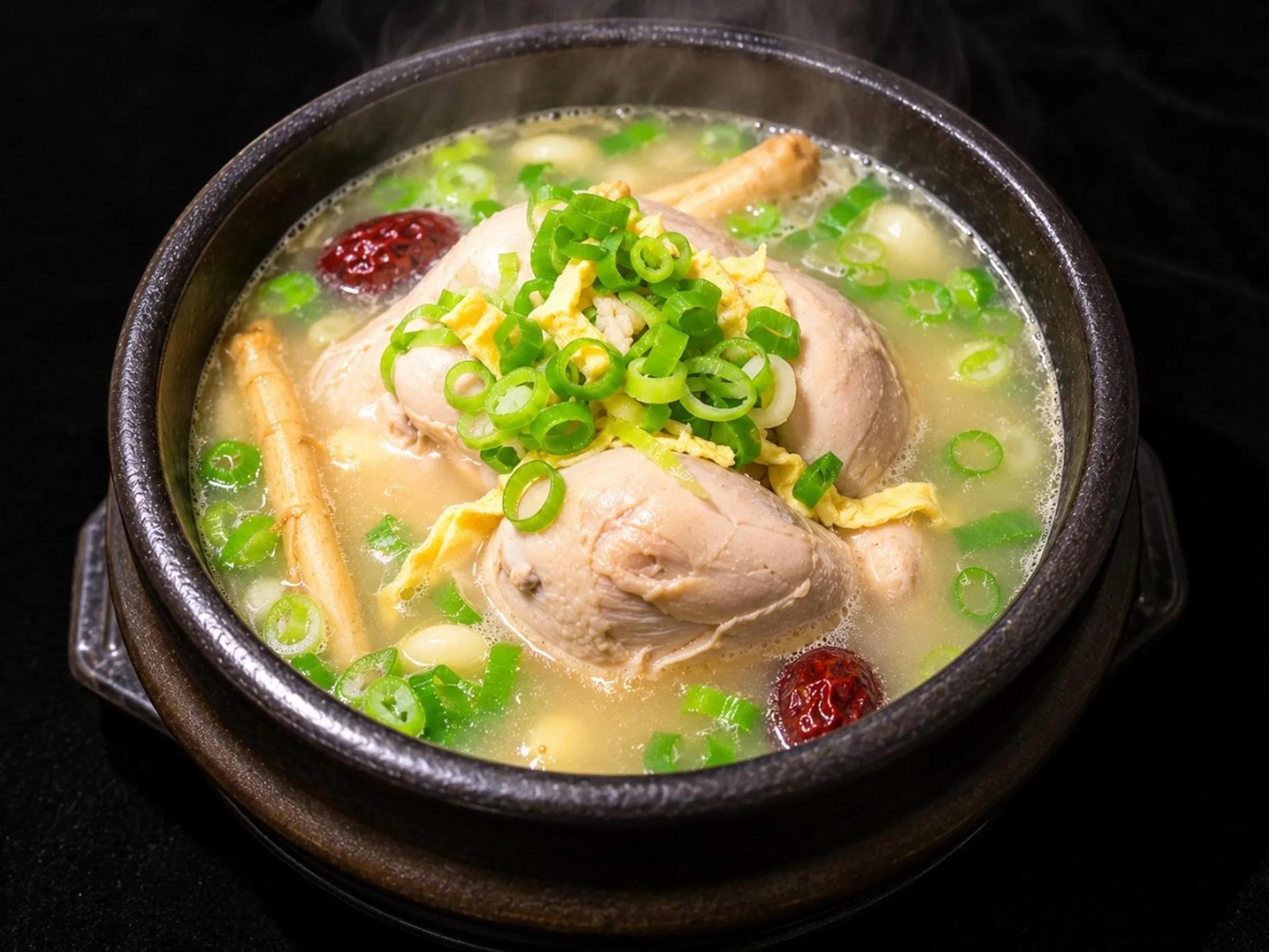 A bowl of chicken soup with chopped green onions on top, red dates, tofu, and chicken bone in a dark ceramic bowl.