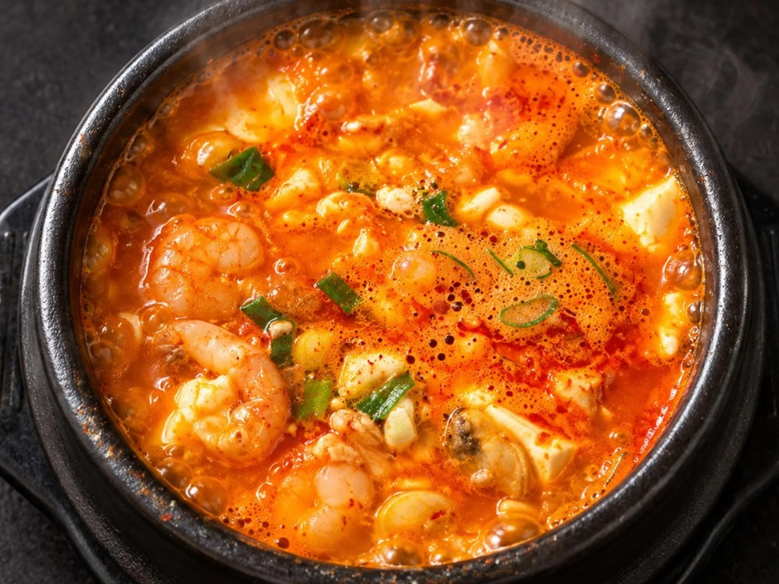 A close-up of a hot, bubbling spicy seafood stew in a black pot with shrimp, tofu, green onions, and red chili oil.