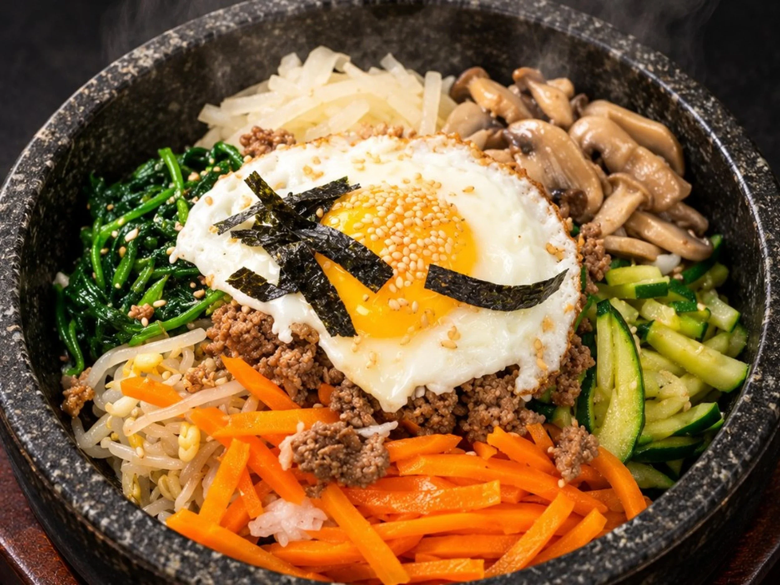 A bowl of bibimbap with various vegetables, ground beef, a fried egg, and seaweed strips.