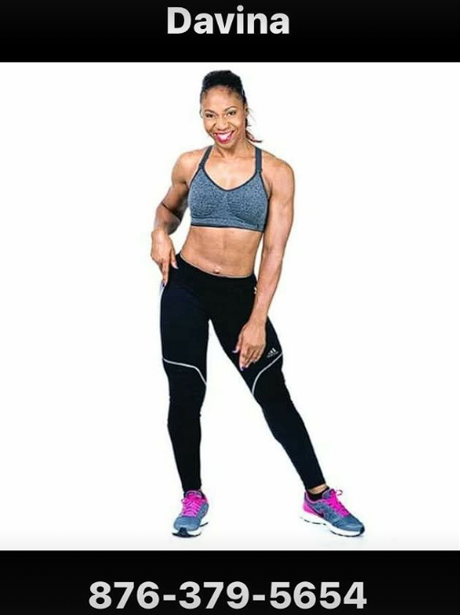 A woman named Davina in athletic wear, posing in sporty workout clothes, smiling, with her hand on her hip. The photo includes a phone number at the bottom and her name at the top.
