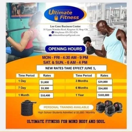 Flyer for Ultimate Fitness gym, listing opening hours, rates, and contact info, with images of a woman lifting weights and a man holding dumbbells.