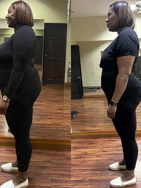 Side-by-side photos of a woman before and after a fitness transformation, showing improved body shape and posture.