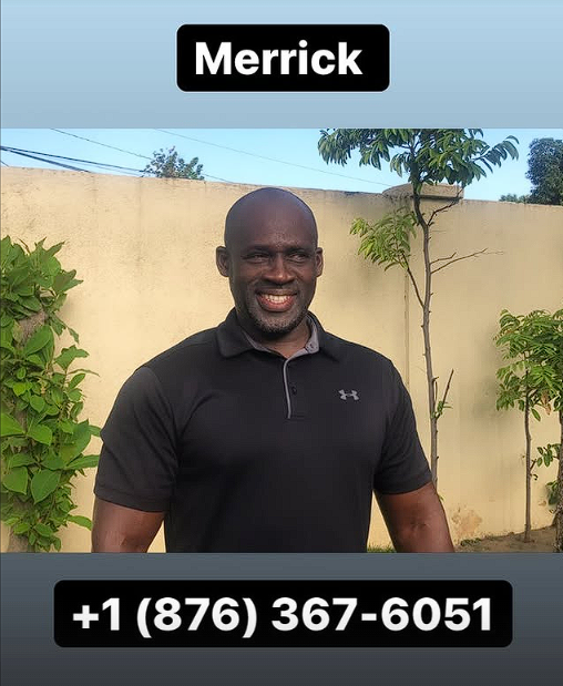 Man with a dark polo shirt smiling outdoors, standing in front of a beige wall and greenery, with a tree and blue sky in the background, and a black banner at the top reading 'Merrick' and a black banner at the bottom with a phone number.