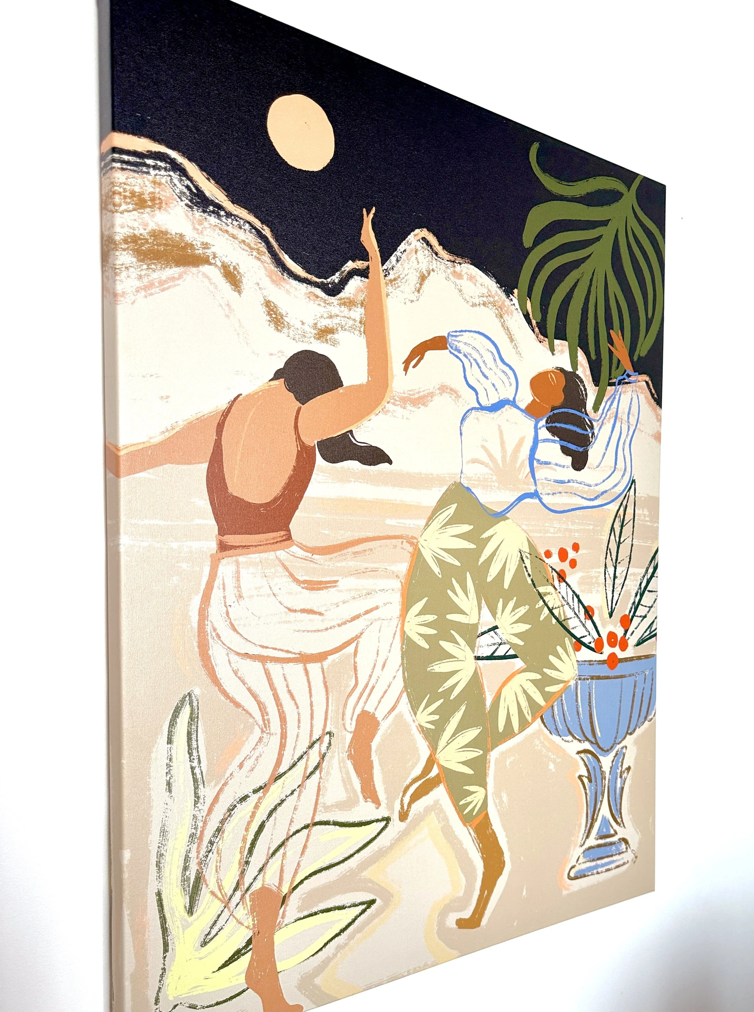A stylized painting depicting a woman with black hair sitting and resting her head on her arms against a mountain landscape with a moon in the sky, surrounded by plants and a blue vase.