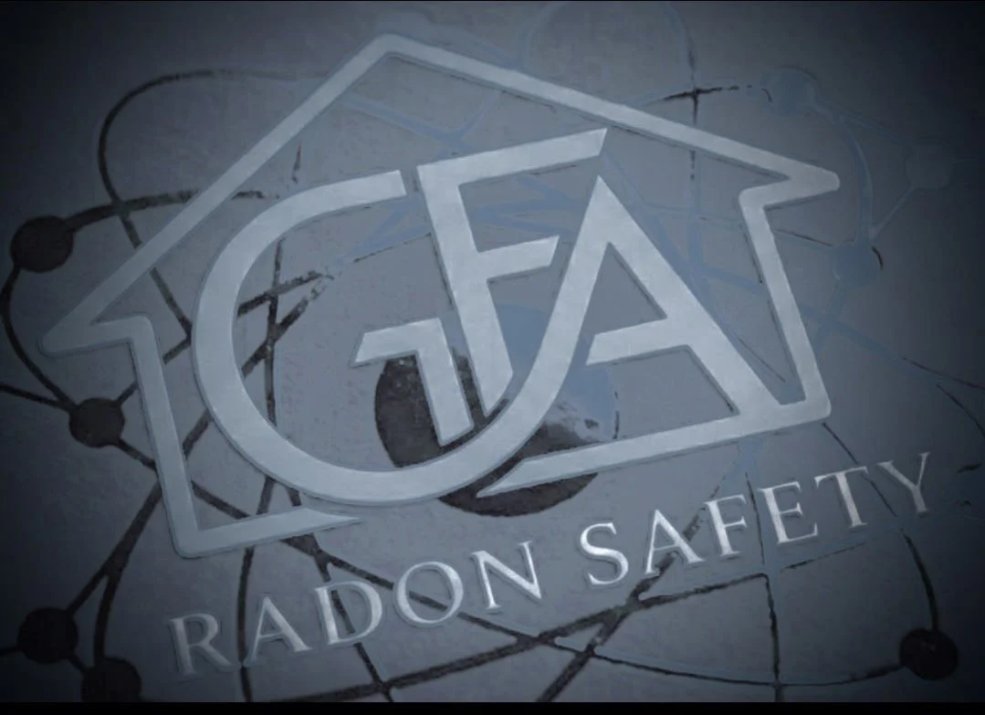 A sign with the words "Radon Safety" and a logo with the letter "F" inside a house outline, over a background showing a radon molecule structure.