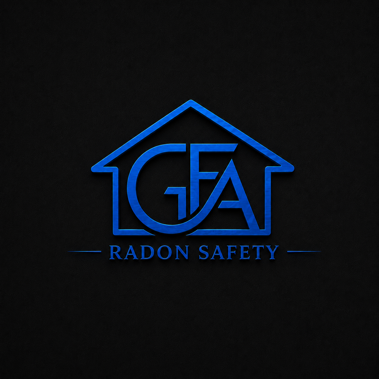 Neon blue logo of a house with the letters GFA inside, and the text Radon Safety below, on a black background.