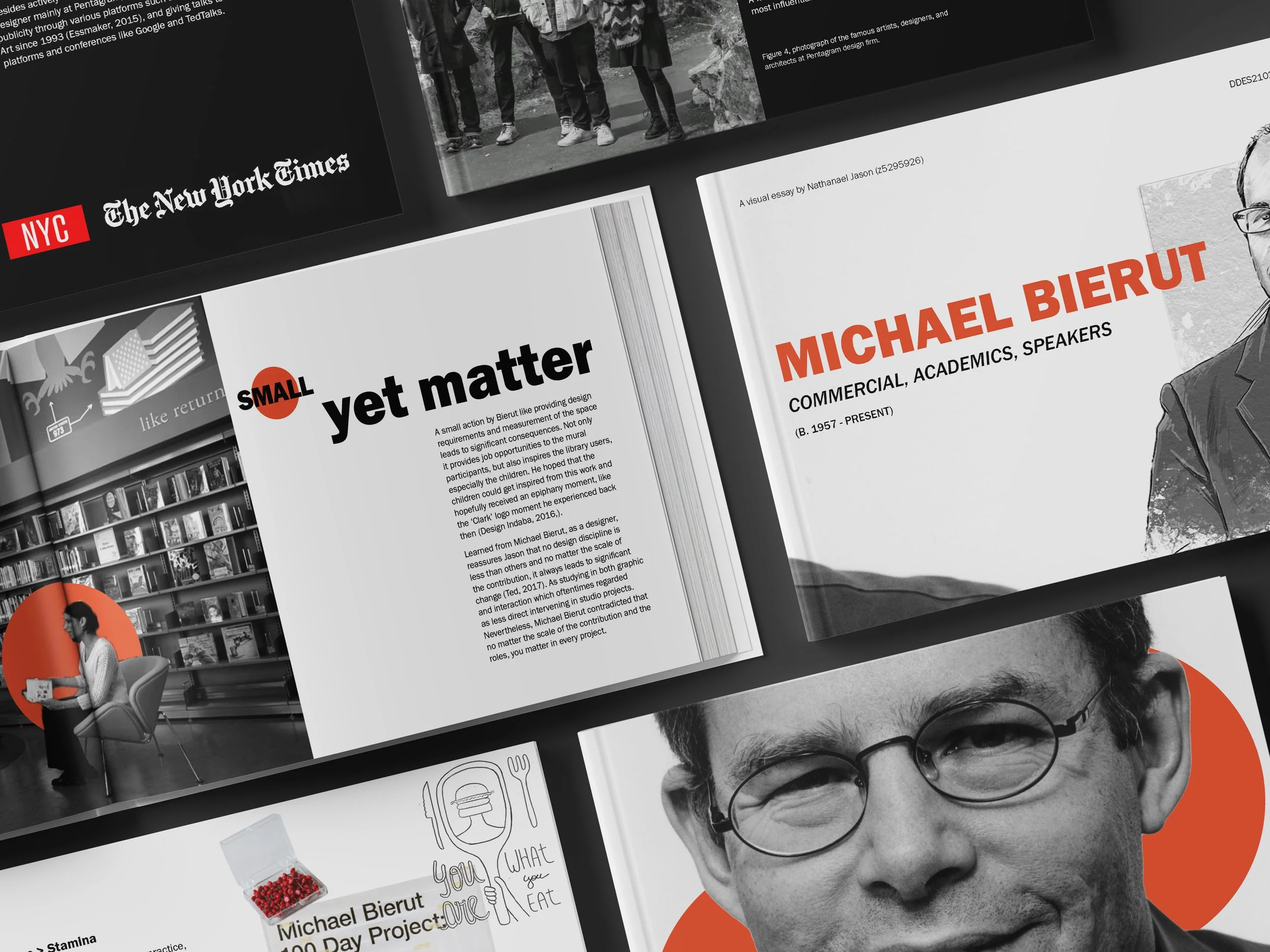 Editorial book design for a visual essay on Michael Bierut, featuring photographs, design sketches, typography, and orange graphic accents.