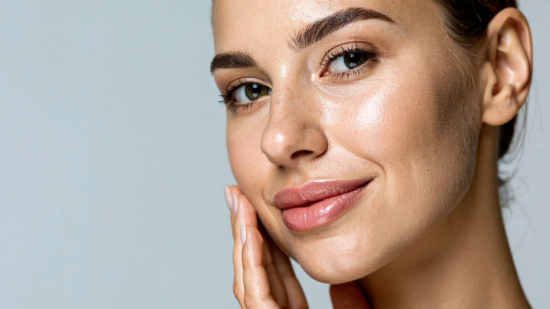 Close-up of a woman with clear skin, smiling gently, touching her cheek with her fingers, wearing minimal makeup.
