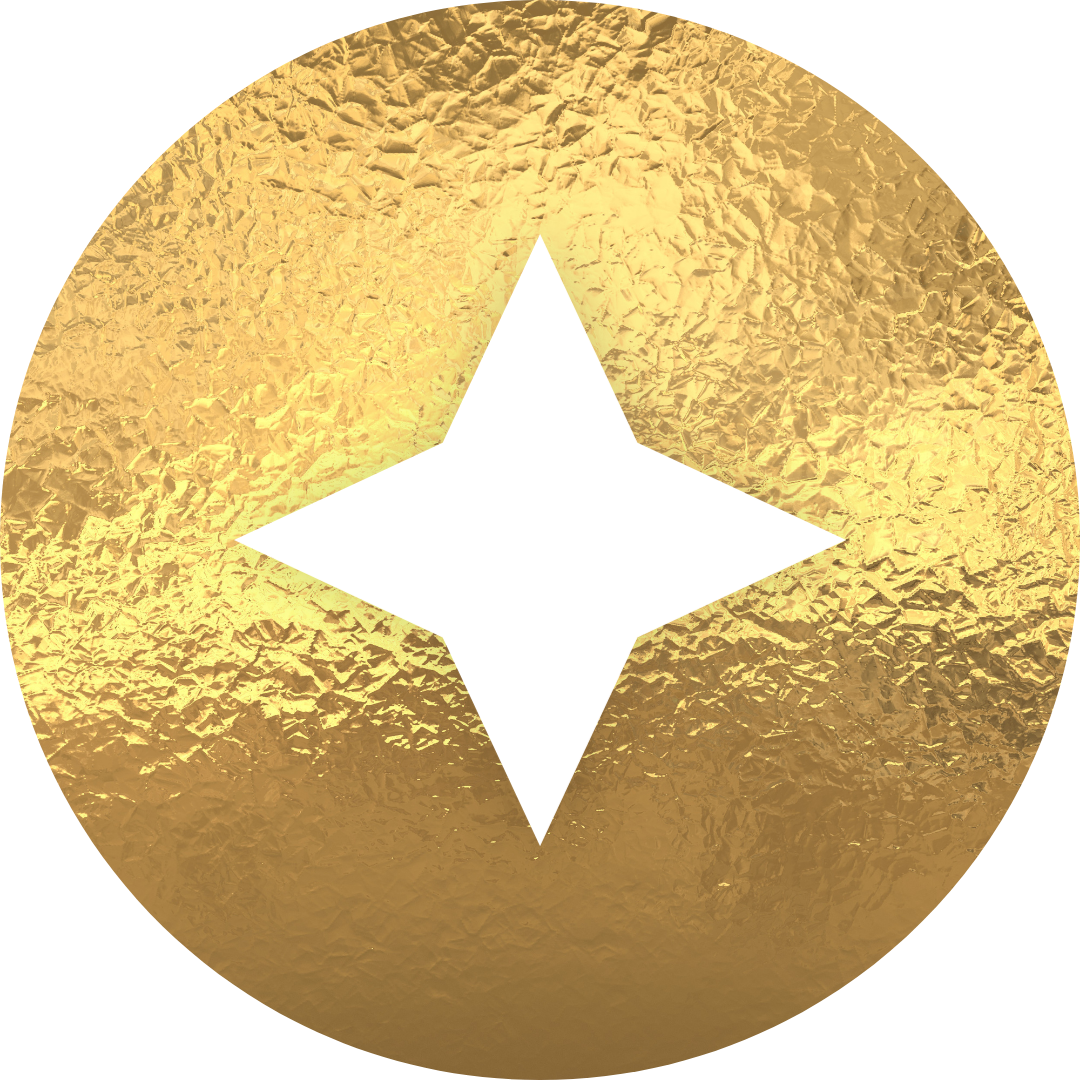 A gold textured circular emblem with a white four-pointed star in the center.