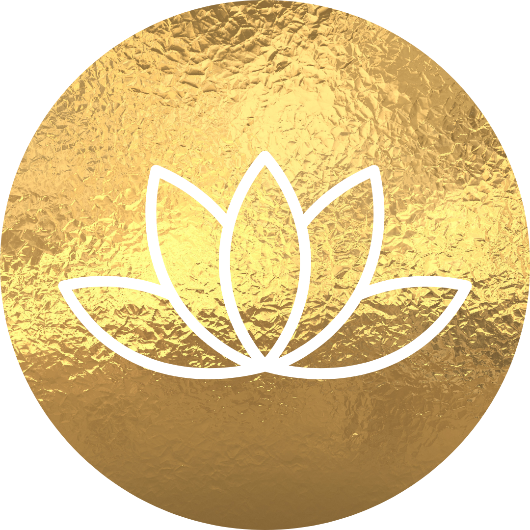 A gold textured circular background with a white outline of a lotus flower in the center.