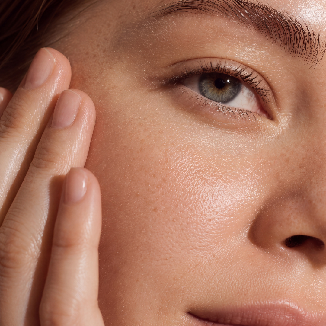 Close-up of a woman's face with clear skin, touching her cheek with fingers, showing eye, eyebrow, and smooth skin.