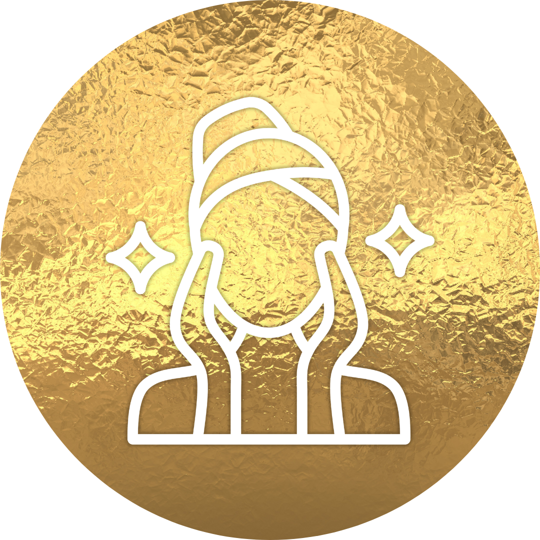 Line drawing of a person holding their face with hands, with sparkling stars around their head, against a gold textured background.