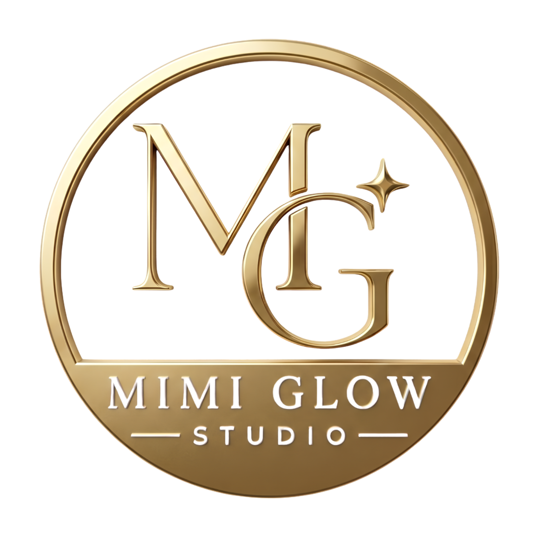 A gold-colored circular logo with the letters M, G, and G inside, and the text "Mimi Glow Studio" at the bottom.