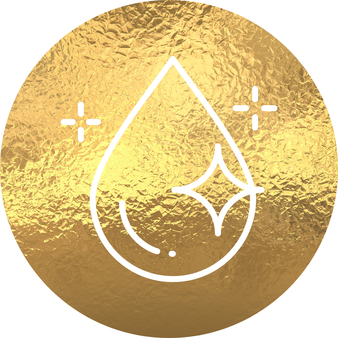 A gold foil background with a white outline of a water droplet containing a sparkle or star shape inside.