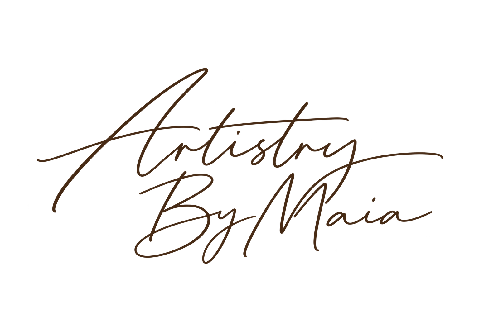 Logo with handwritten-style text reading 'Artistry By Maia' in brown on a black background.