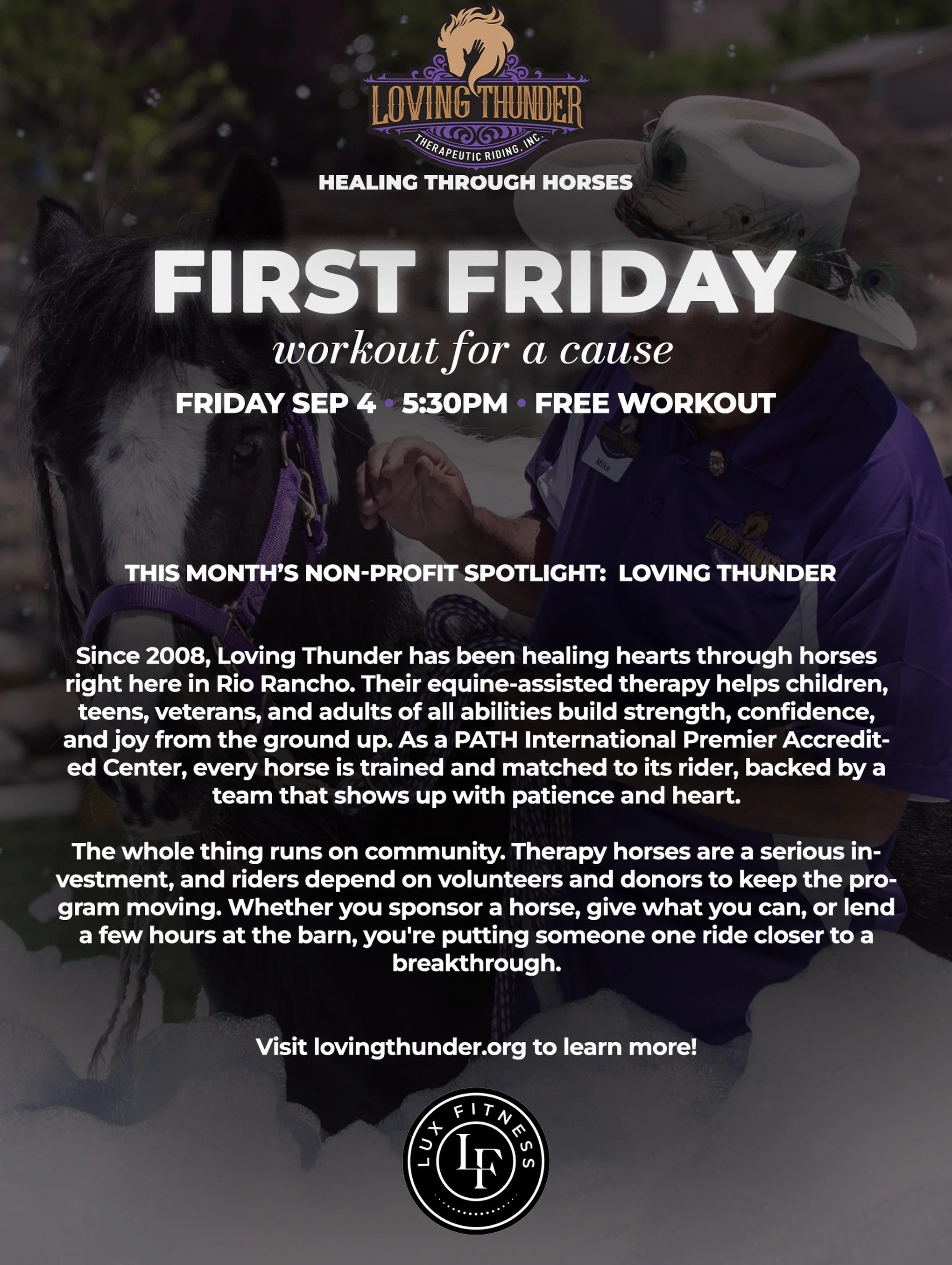 FIRST FRIDAY - Workout for a Cause at Lux Fitness

Join us for a FREE workout Friday, September 4th at 5:30 PM

Every first friday of the month we choose a non-profit organization to support or provide awareness for. 

This month&rsquo;s spotlight: L