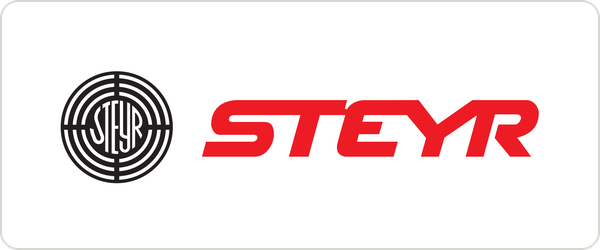 Logo of STEYR firearms inside a black circular maze with the word 'STEYR' written in red.