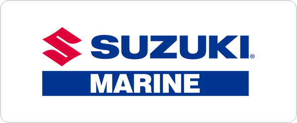 Suzuki Marine logo with red emblem, blue text, and a blue background for the word 'Marine'.