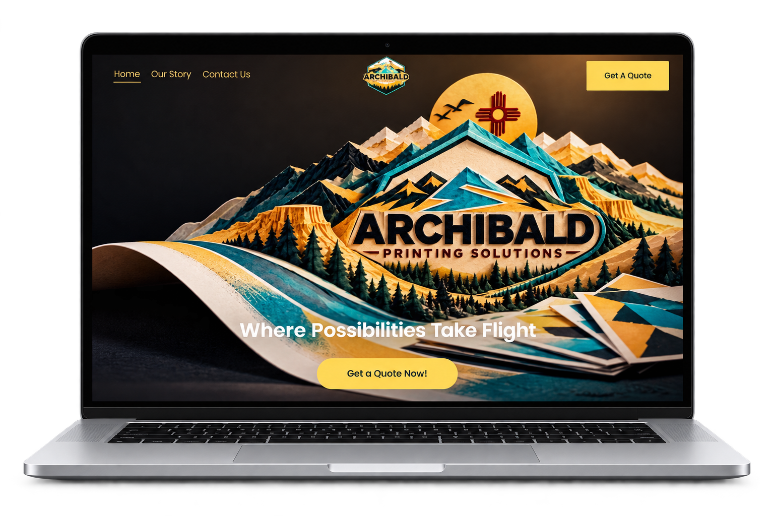 Laptop displaying the Archibald Printing Solutions website with a mountain logo, navigation menu, and quote buttons