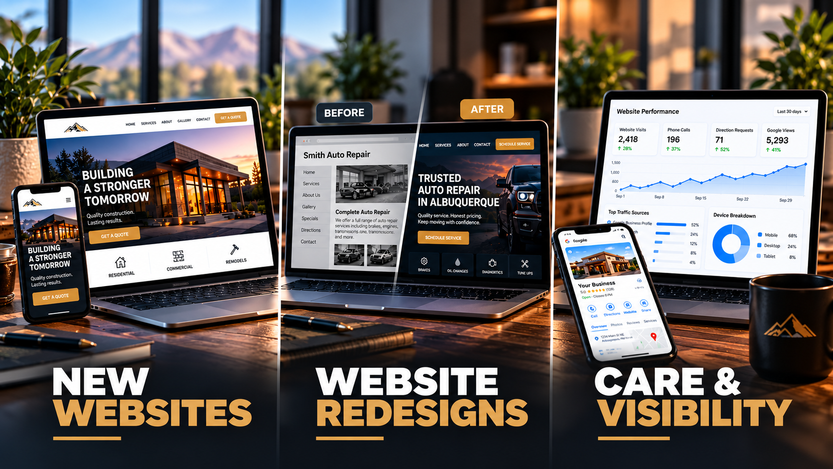 Digital marketing collage showing new website designs, a before-and-after website redesign, and website performance analytics on laptops and smartphones.