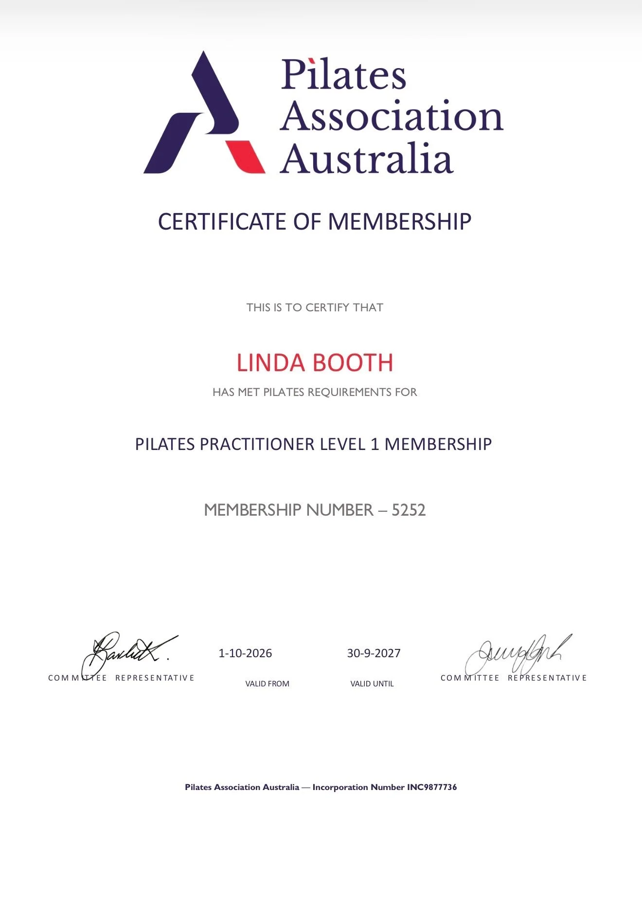 Pilates Association Australia membership for Linda Booth