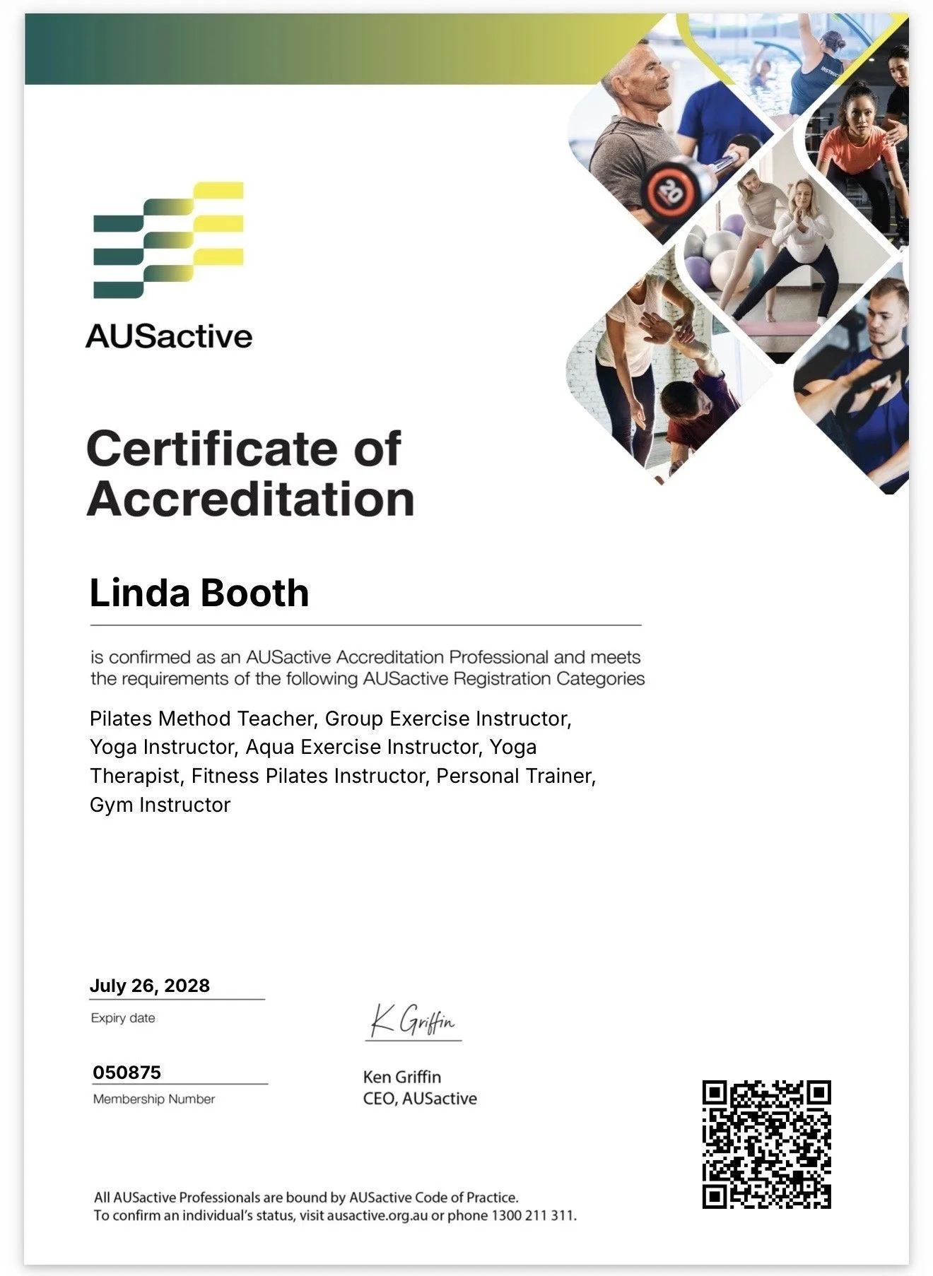 AUSactive Certificate of Accreditation for Linda Booth