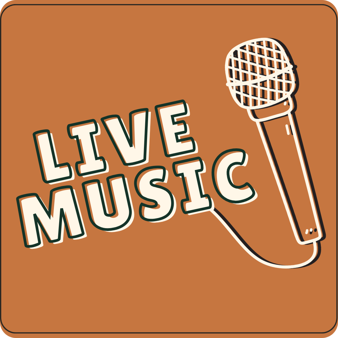 Illustration of a microphone and the words 'Live Music' on a brown background.