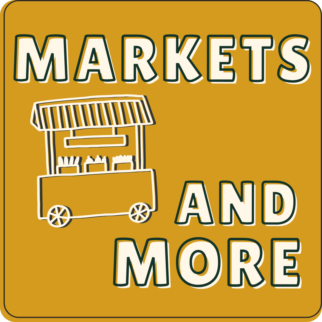 Illustration of a market stall with a striped awning and various products on display. Text reads 'Markets and More' on a mustard yellow background.