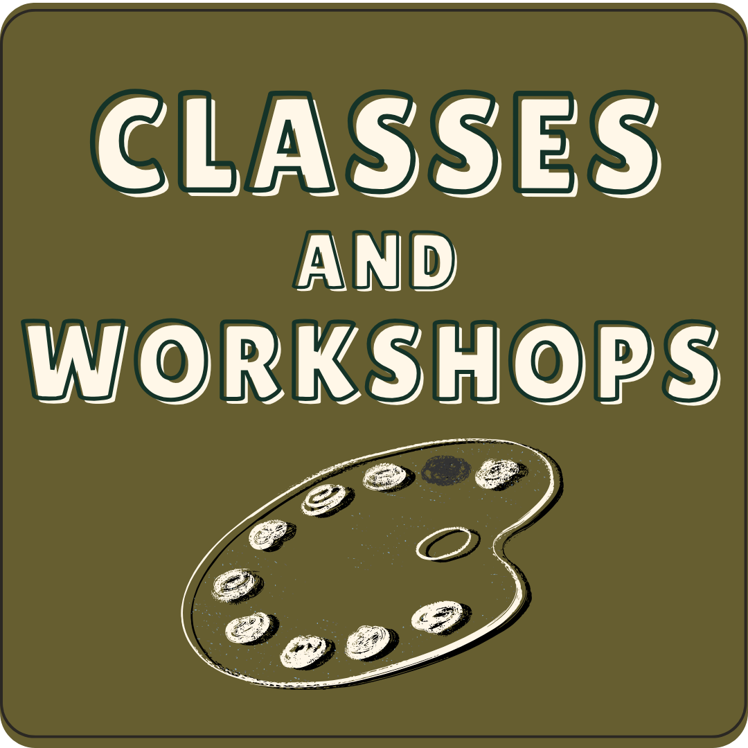 A sign with the words 'Classes and Workshops' and an illustration of a painter's palette.