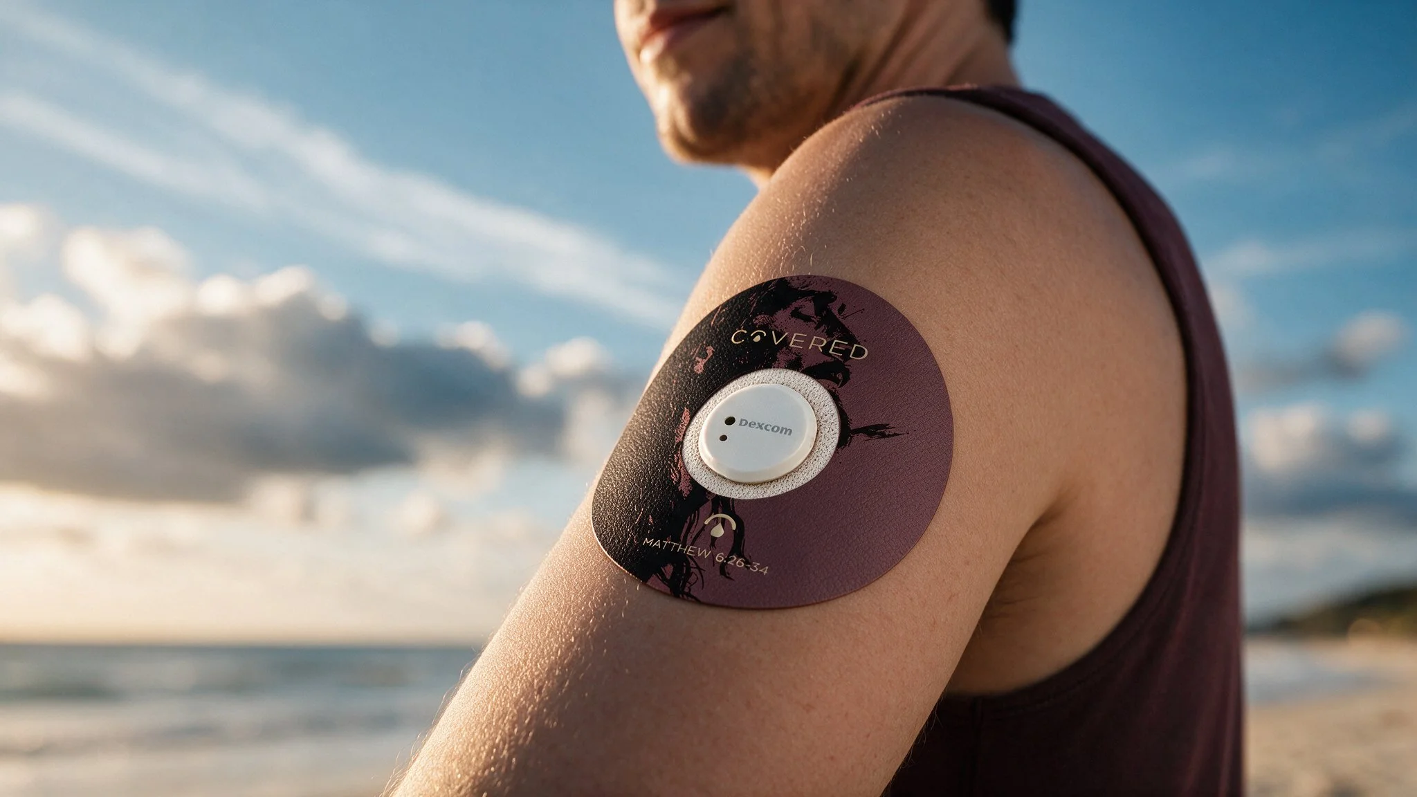Person at the beach with a medical device on their arm that displays 'Dexcom' for continuous glucose monitoring.