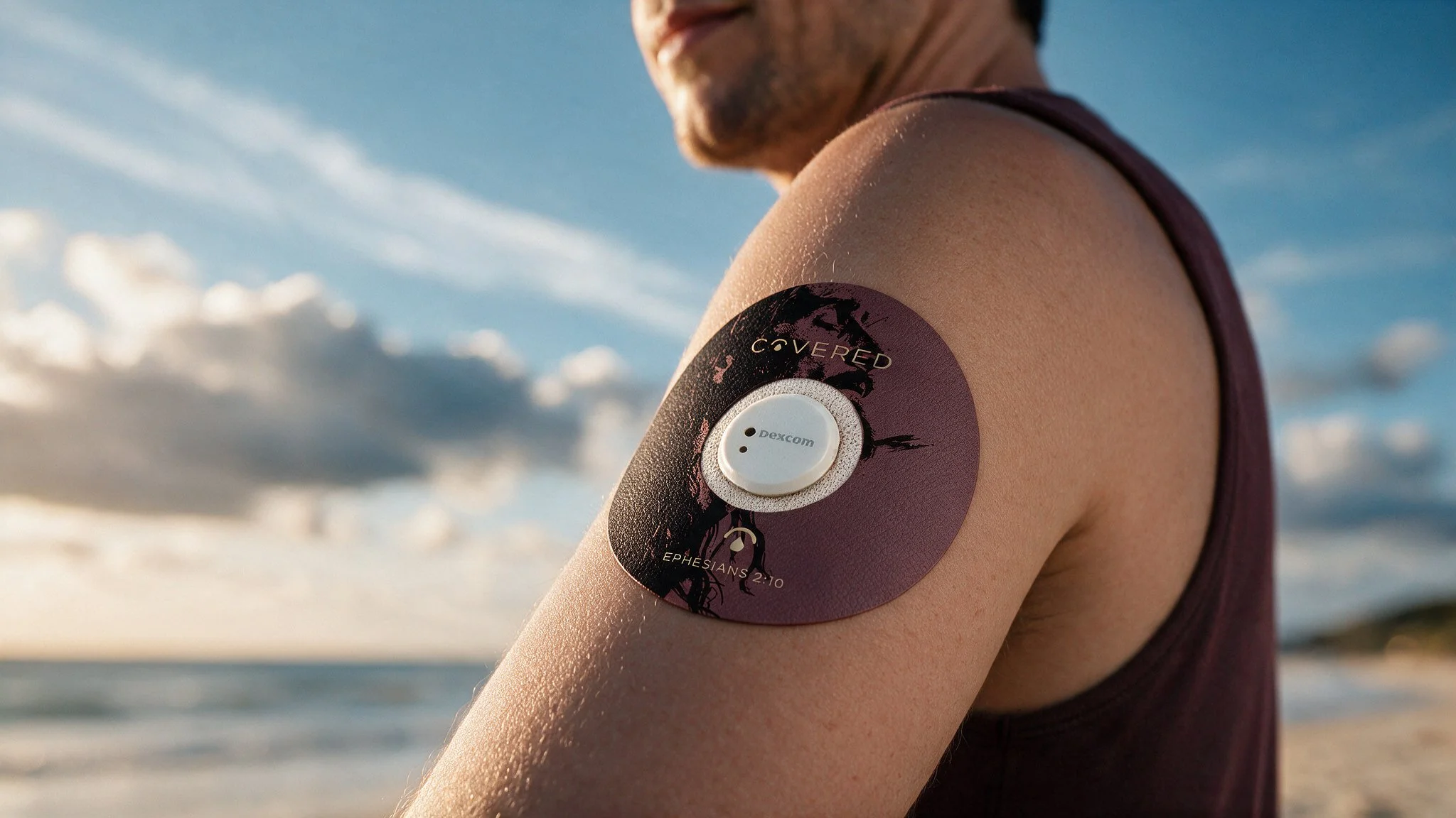 A person at the beach with a fitness tracker on upper arm displaying the message 'covered' and referencing Ephesians 2:10.