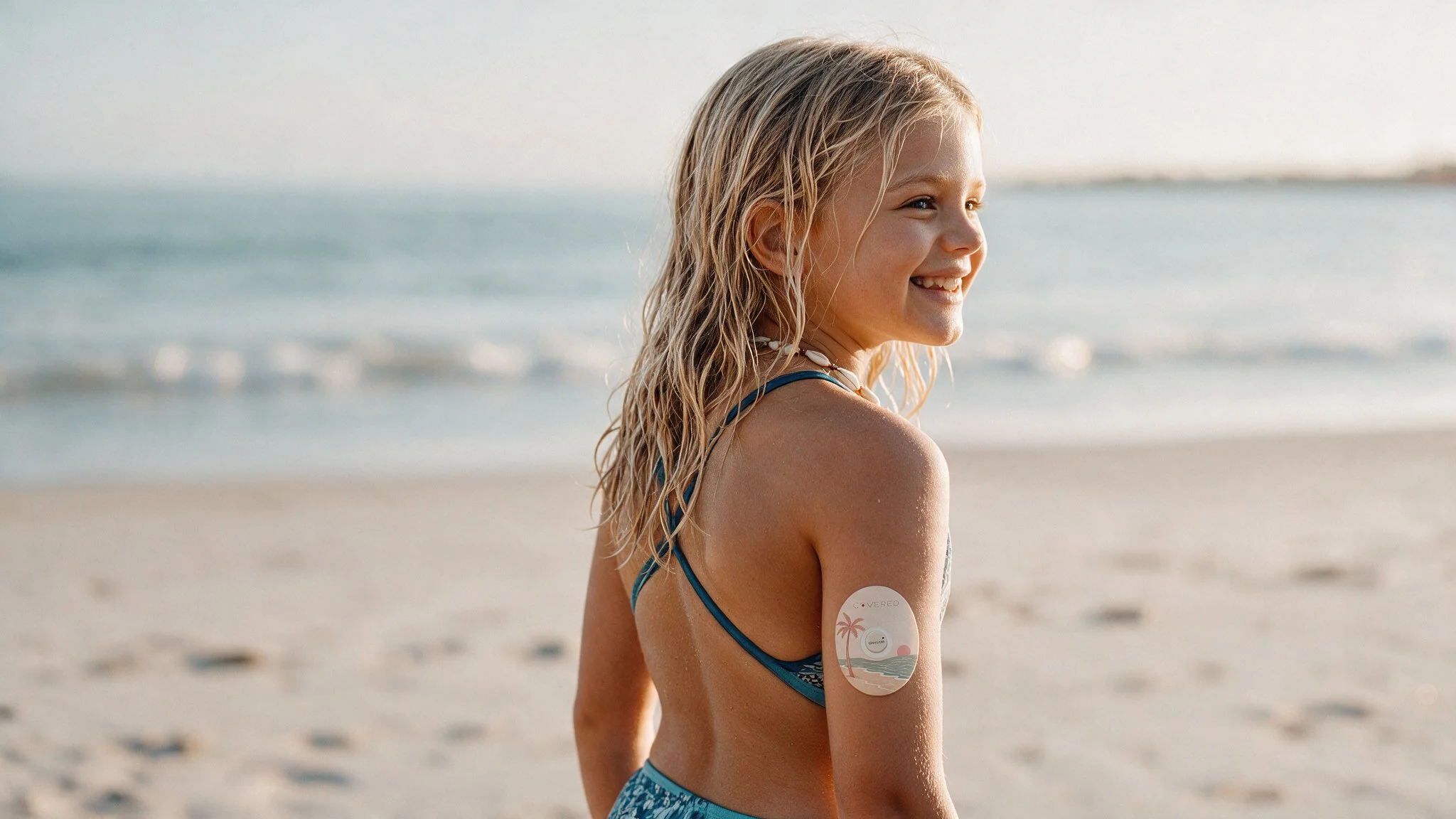 A smiling young girl with wet blonde hair at the beach, wearing a blue swimsuit with a decorative patch on her arm. The background shows the ocean and sandy shore.
