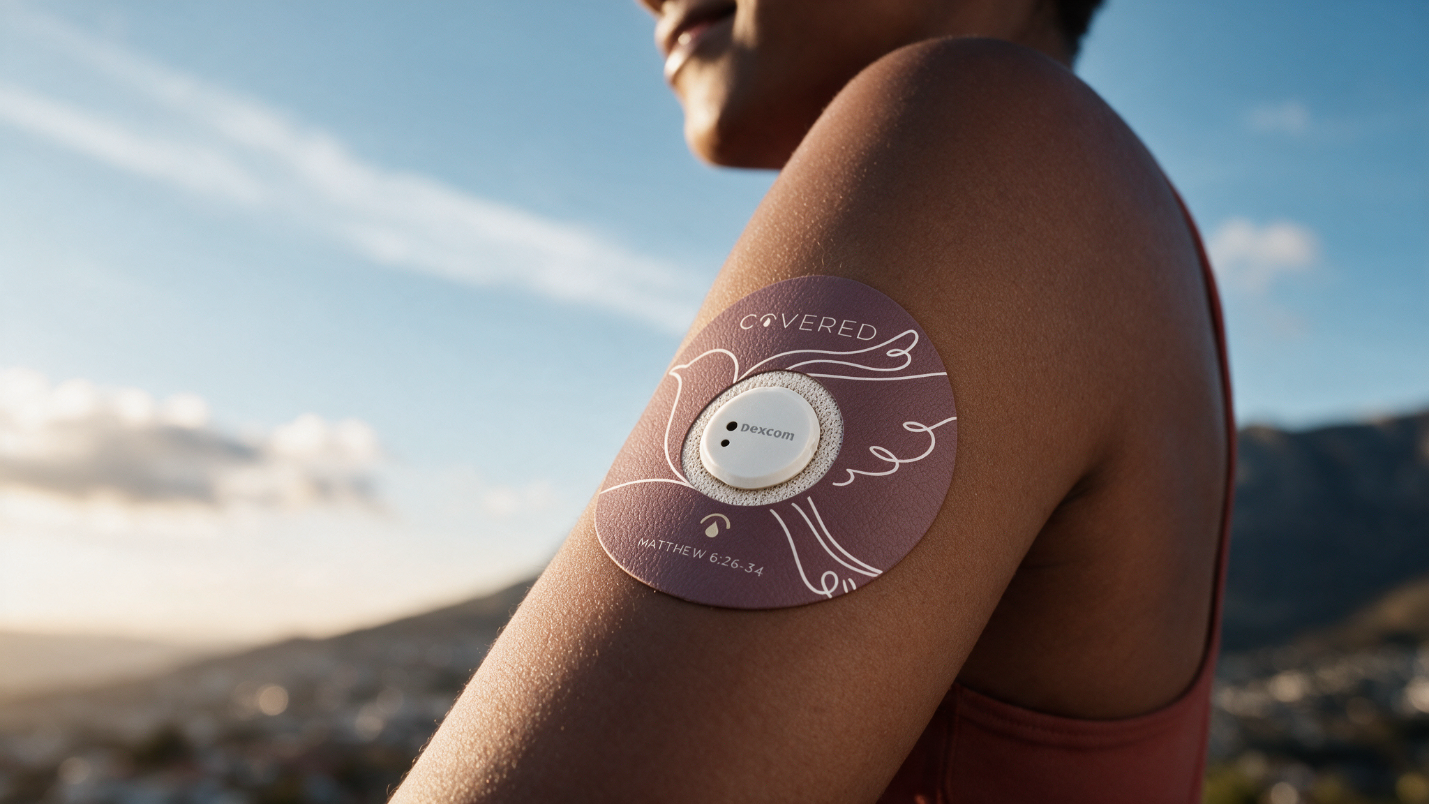 A person has a circular medical device on their shoulder with a white sensor and a purple background featuring white decorative lines and a Bible verse reference.